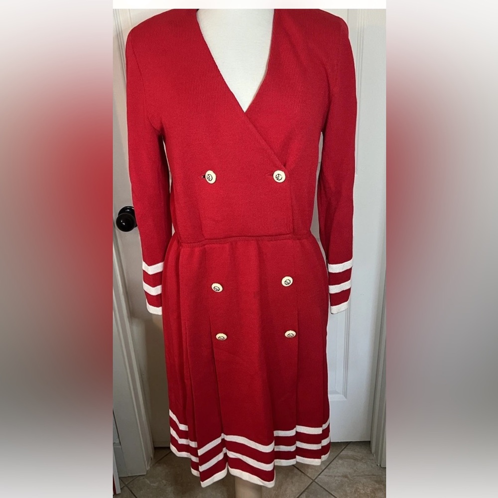 Vintage St. John Marie Gray Women’s Red White Stripes Pleated Knit Dress Sz 8